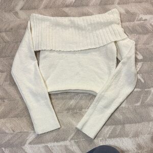 Garage Cream Off-Shoulder Ribbed Fold-Over Cropped Sweater